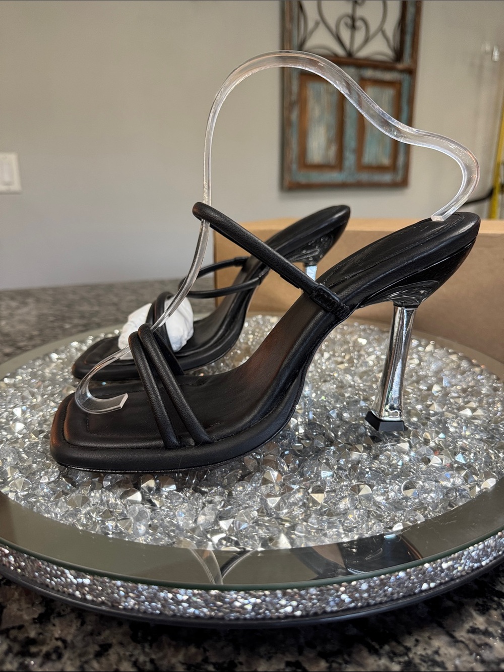SCHUTZ Agatha Sexy Black leather strappy Stiletto Sandals silver heels NEW 8.5